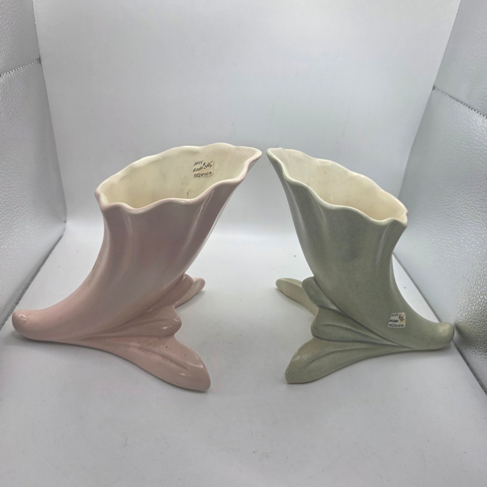Red Wing Pottery USA 1240 Cornucopia Vase Pair Pink Green MCM Art Pottery